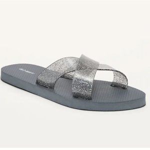 NEW Jelly Crisscross-Strap Flip-Flop Sandals in Gray Glitter